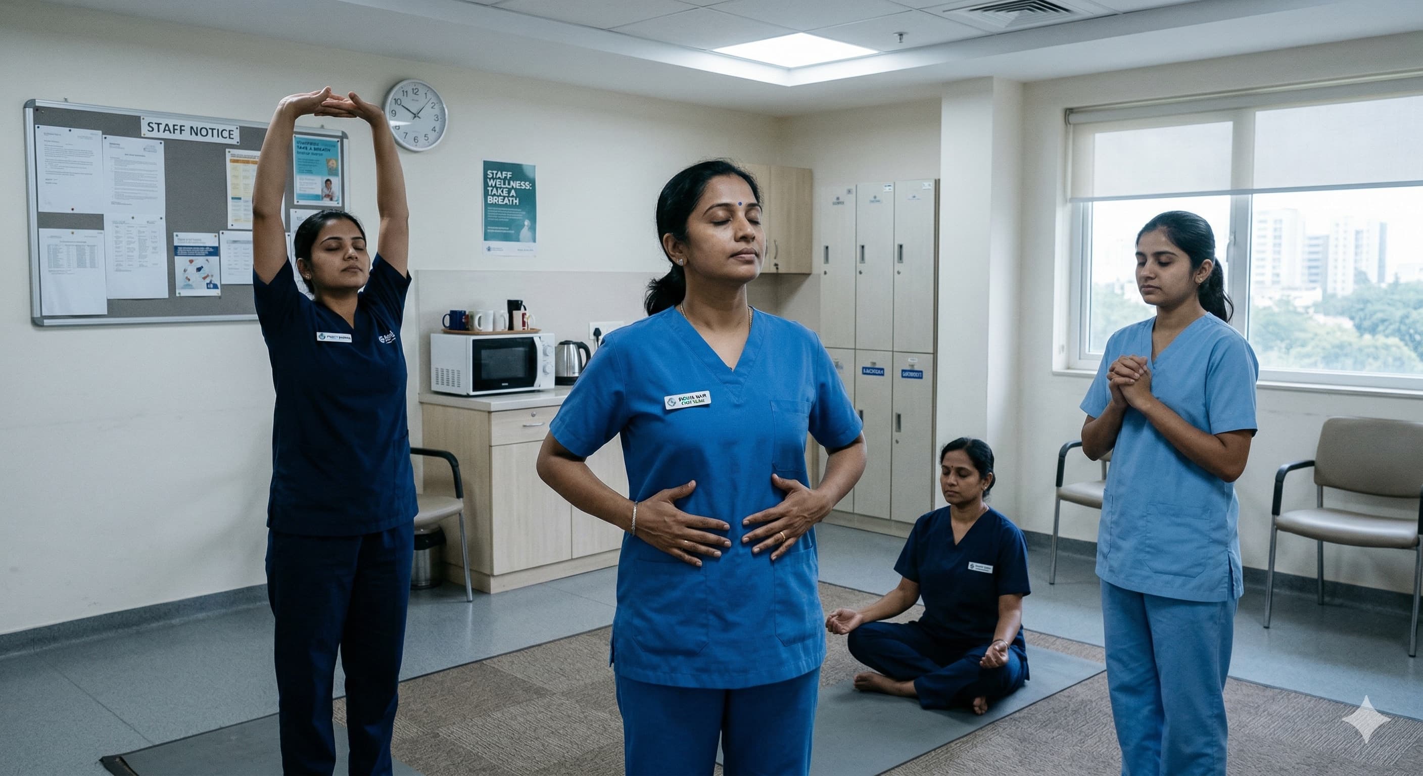 Healthcare staff in a wellness session